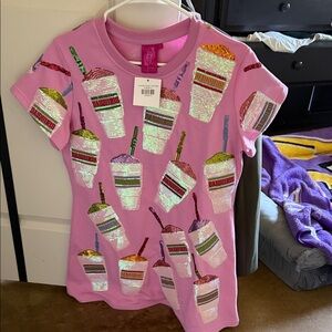 QUEEN OF SPARKLES Pink Tee with Sequin Drink Pattern